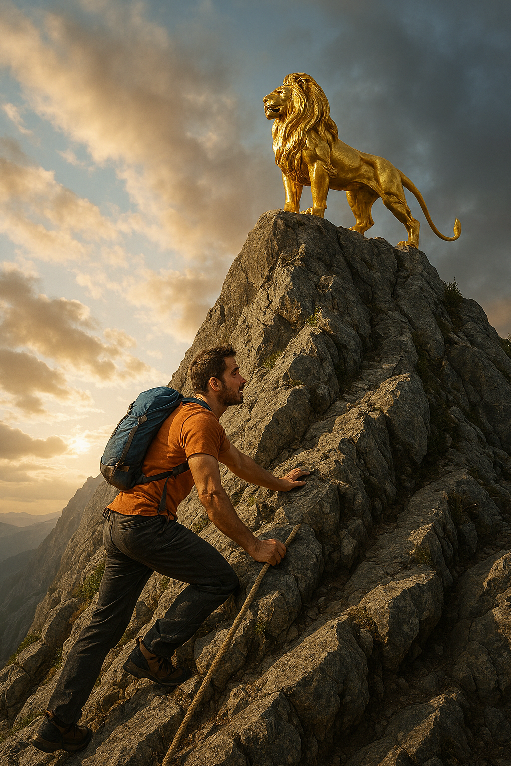 A man climbing a rocky mountain toward a golden lion statue at the summit.